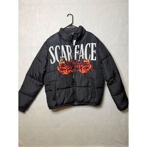 Scarface Puffer Jacket Mens Black Rose Chain Graphic Winter Coat L
